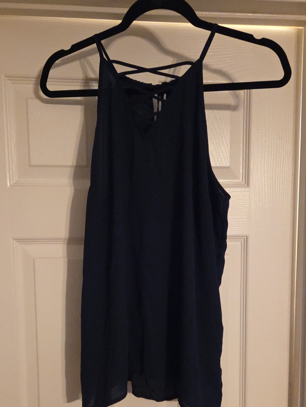 New York & Company Navy Sleeveless Cami with Crisscross Back